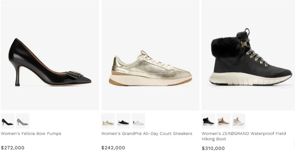 Captura del sitio web de Cole Haan con precios de zapatillas y zapatos