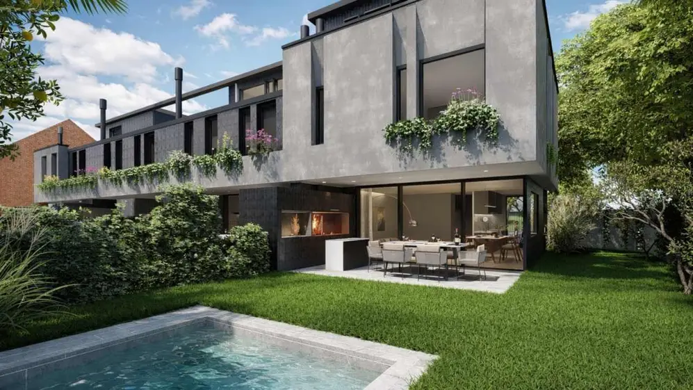 Render del jardín con pileta de Magma, el nuevo desarrollo residencial de 6 casas en Martínez