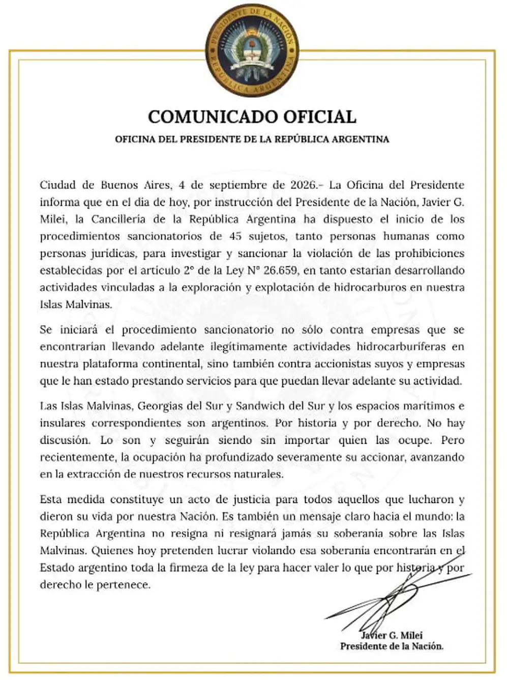 Milei confirmó que sancionará a 45 personas y empresas por explotar recursos en Malvinas.