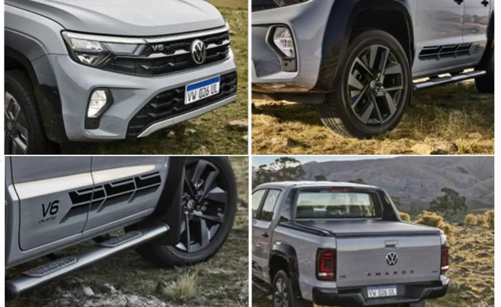 Volkswagen Amarok llanta,estribo, frente y caja. Foto oficial unida.