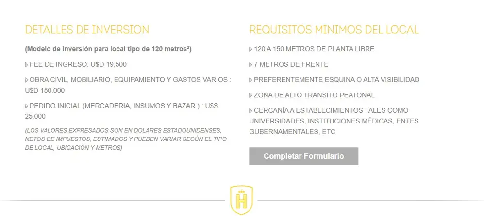 Captura de la web de Havanna, con los datos para invertir en una franquicia de la marca