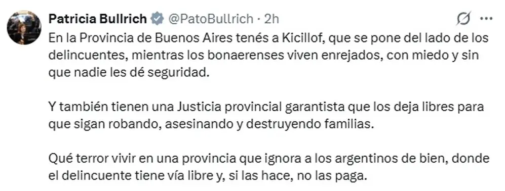 Mensaje en X de Patricia Bullrich sobre suspensión del Régimen Penal Juvenil. Imagen de captura