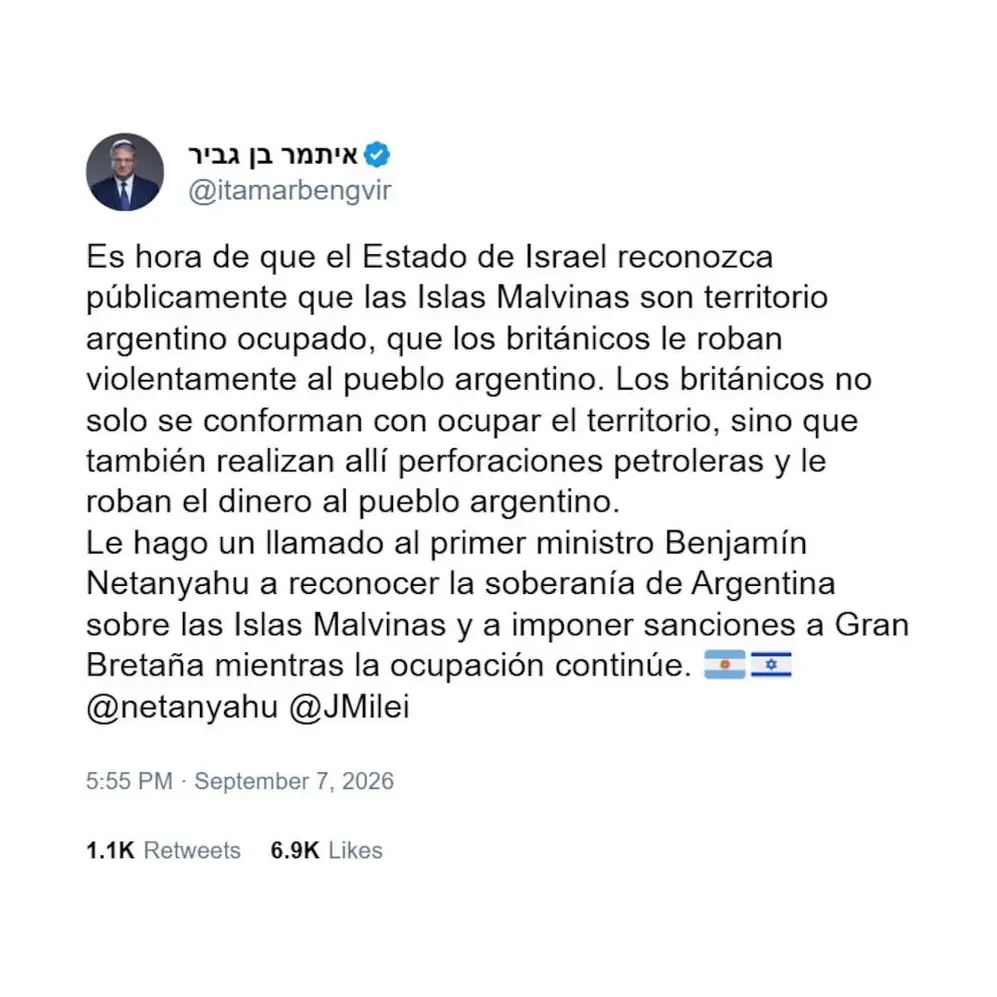 El mensaje del ministro israelí sobre las islas Malvinas