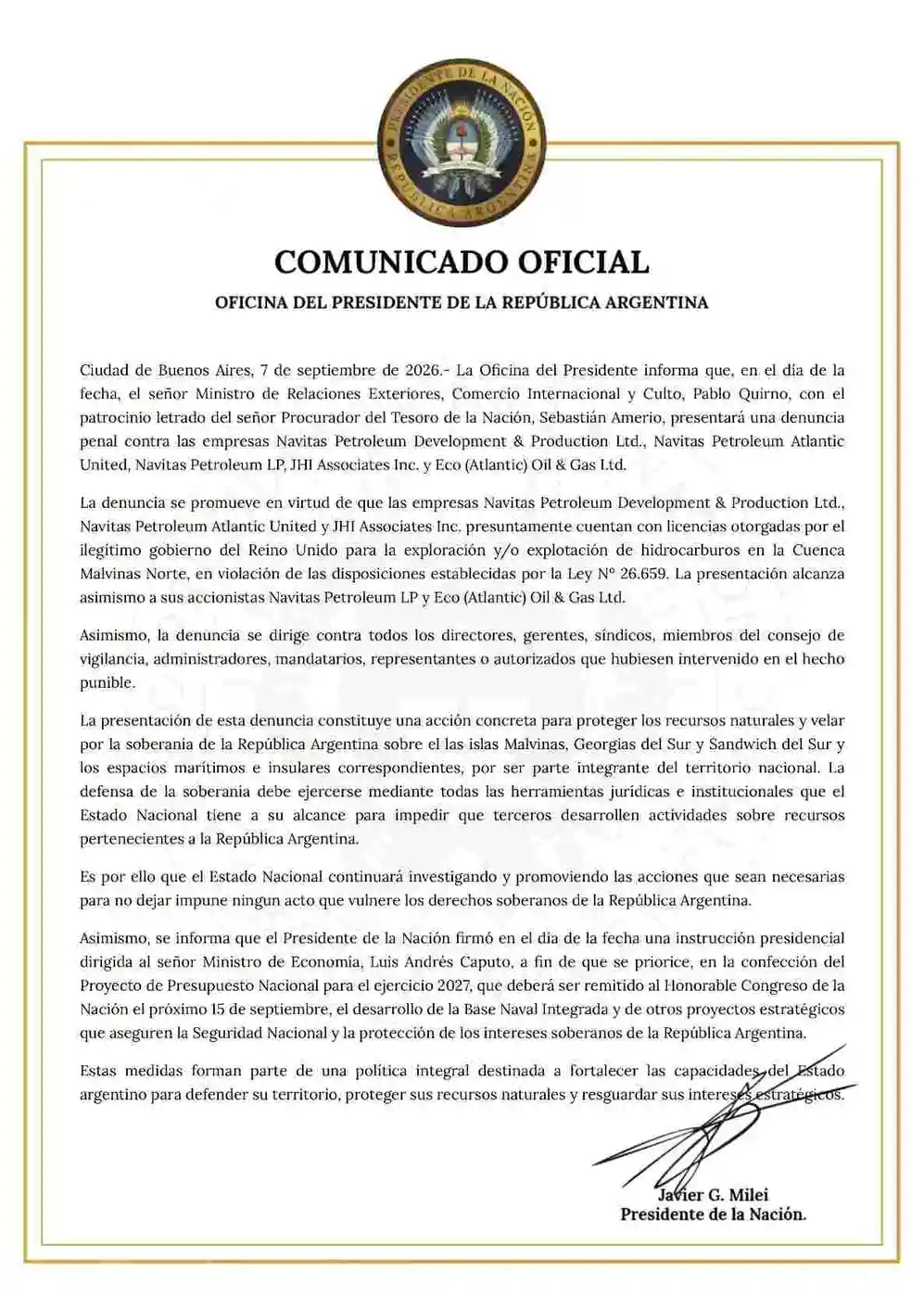 El Gobierno confirmó que denunciará penalmente a las petroleras que operan en Malvinas