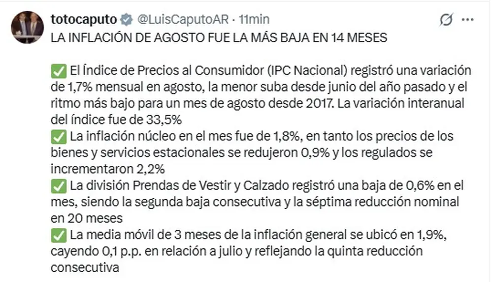 El mensaje de Luis Caputo, analizando el IPC de agosto