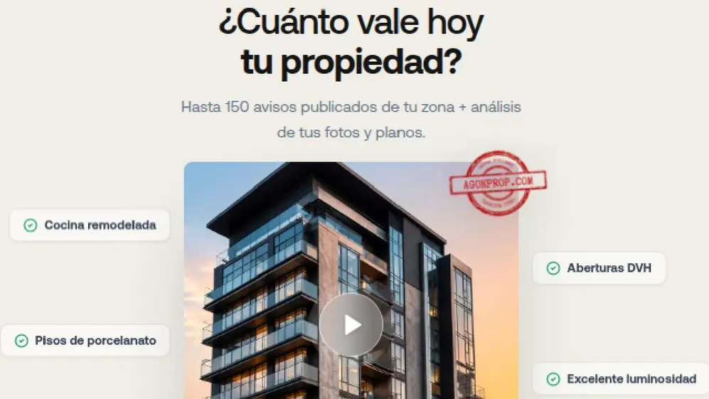Aviso de Agonprop con un video de un edificio en el medio y características de un inmueble alrededor