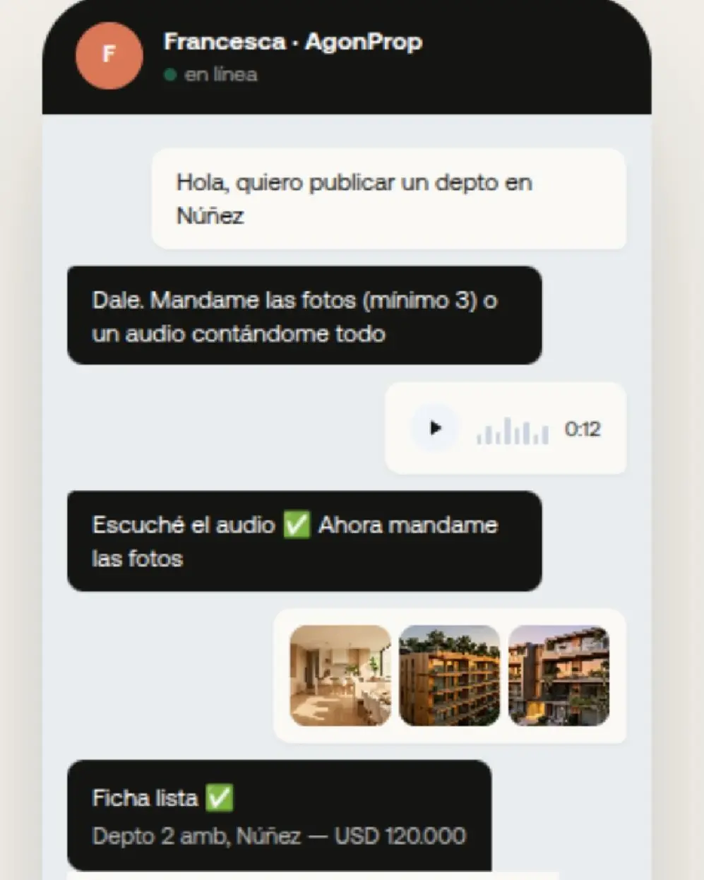 Una conversación de Whatsapp en la que un cliente está interesado en vender un departamento