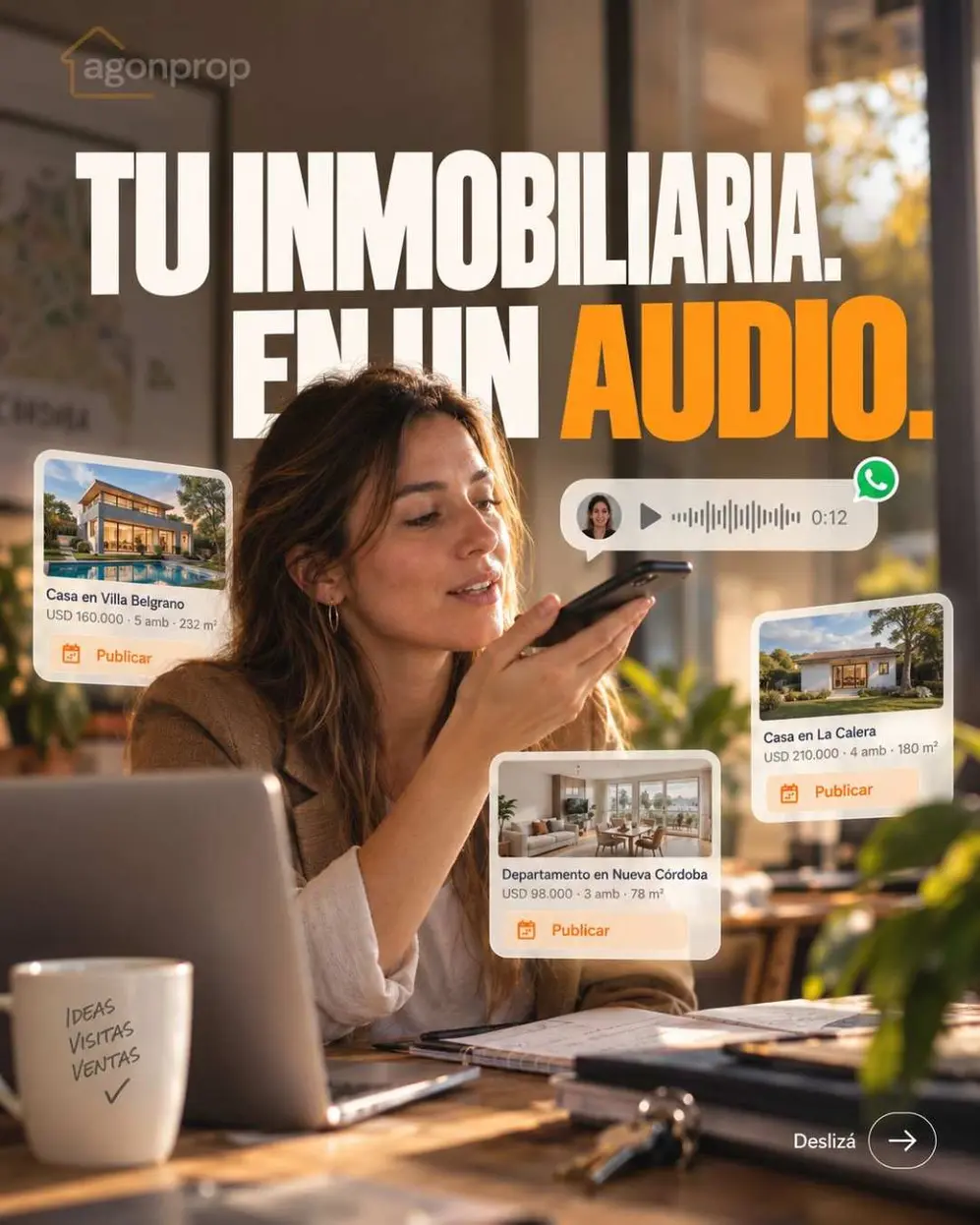 Una mujer mandando un mensaje de audio con su celular y anuncios de casas a la venta alrededor