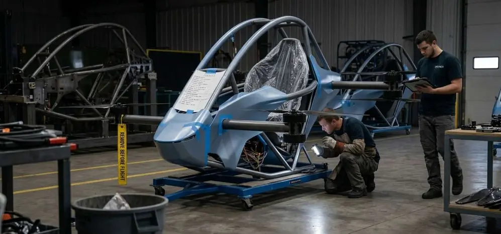 dos técnicos revisando un DroneX en un taller