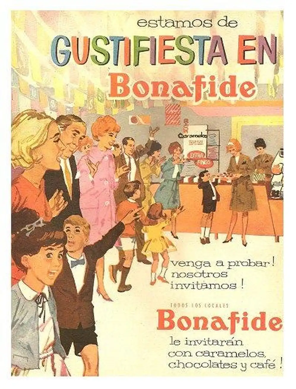 Publicidad antigua de Bonafide que promociona caramelos, chocolates y cafe