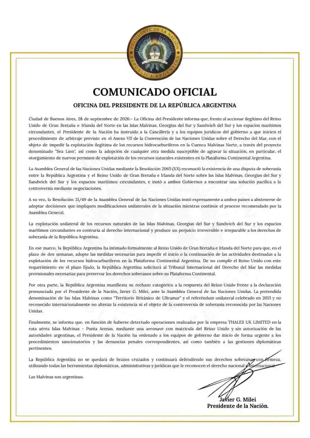 El comunicado completo de la Oficina del Presidente