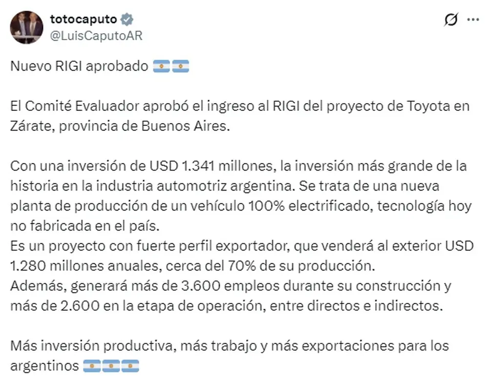 El mensaje de Luis Caputo en redes
