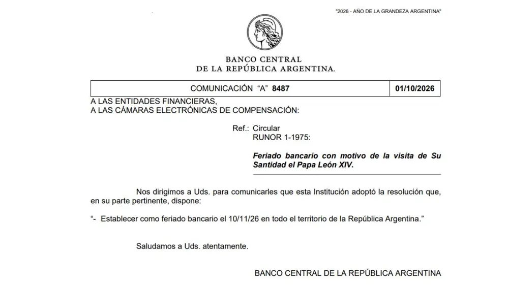 La comunicación del Banco Central sobre el feriado bancario del martes 10 de noviembre
