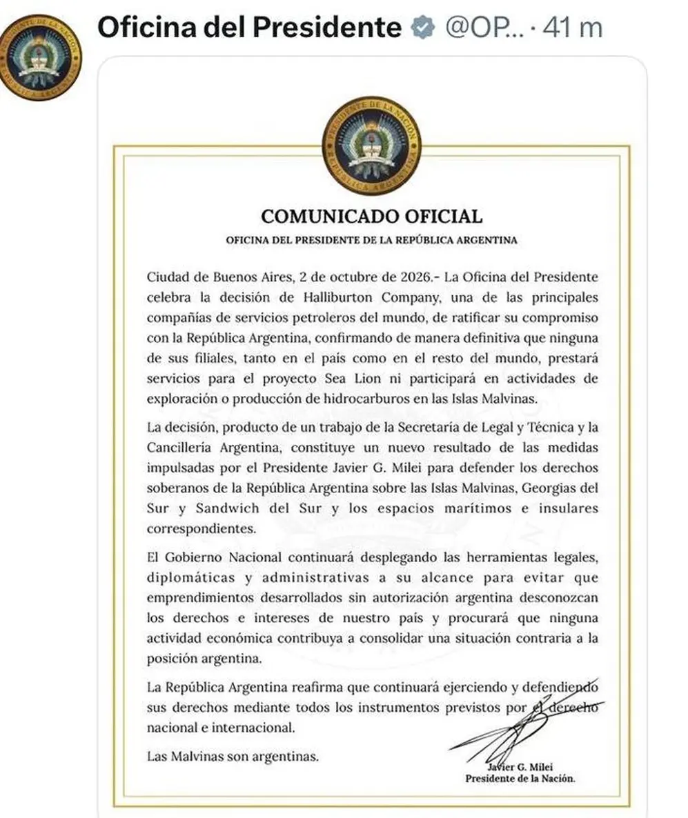 El comunicado del Gobierno, que celebró la decisión de Halliburton