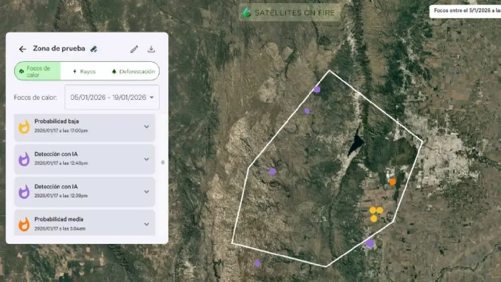 Imágenes satelitales de Satellites On Fire detectando focos de incemdio con gráficos a un costado