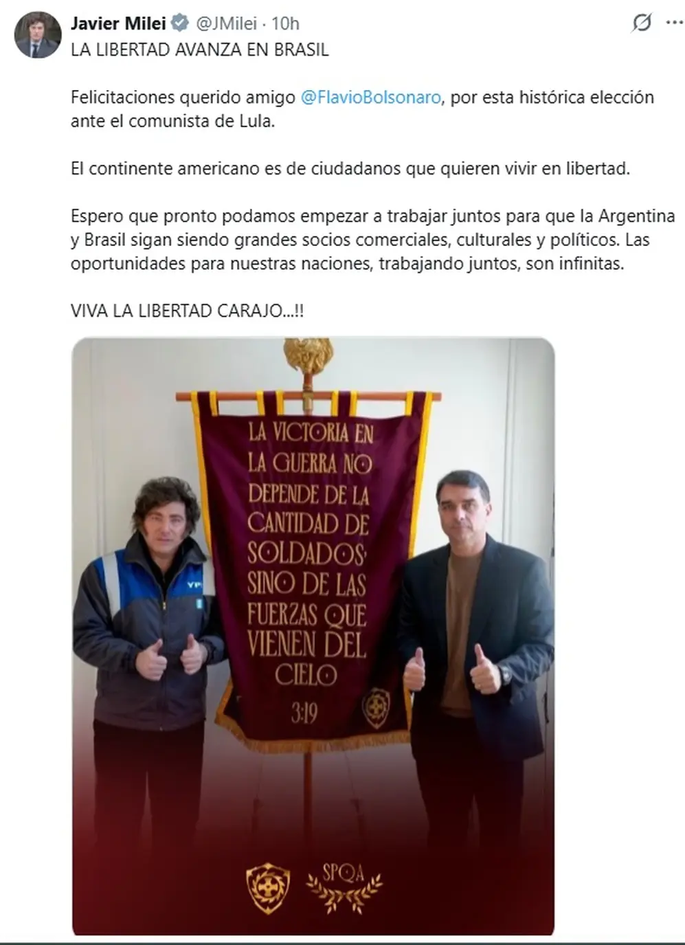 Tuit de Javier Milei celebrando el triunfo de Flávio Bolsonaro