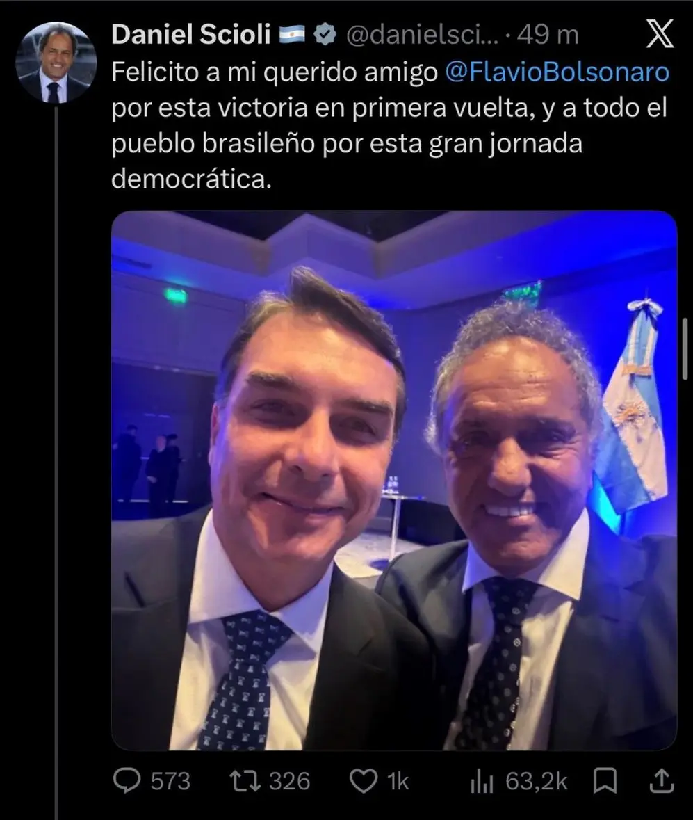 Daniel Scioli brindó su apoyo a Flávio Bolsonaro