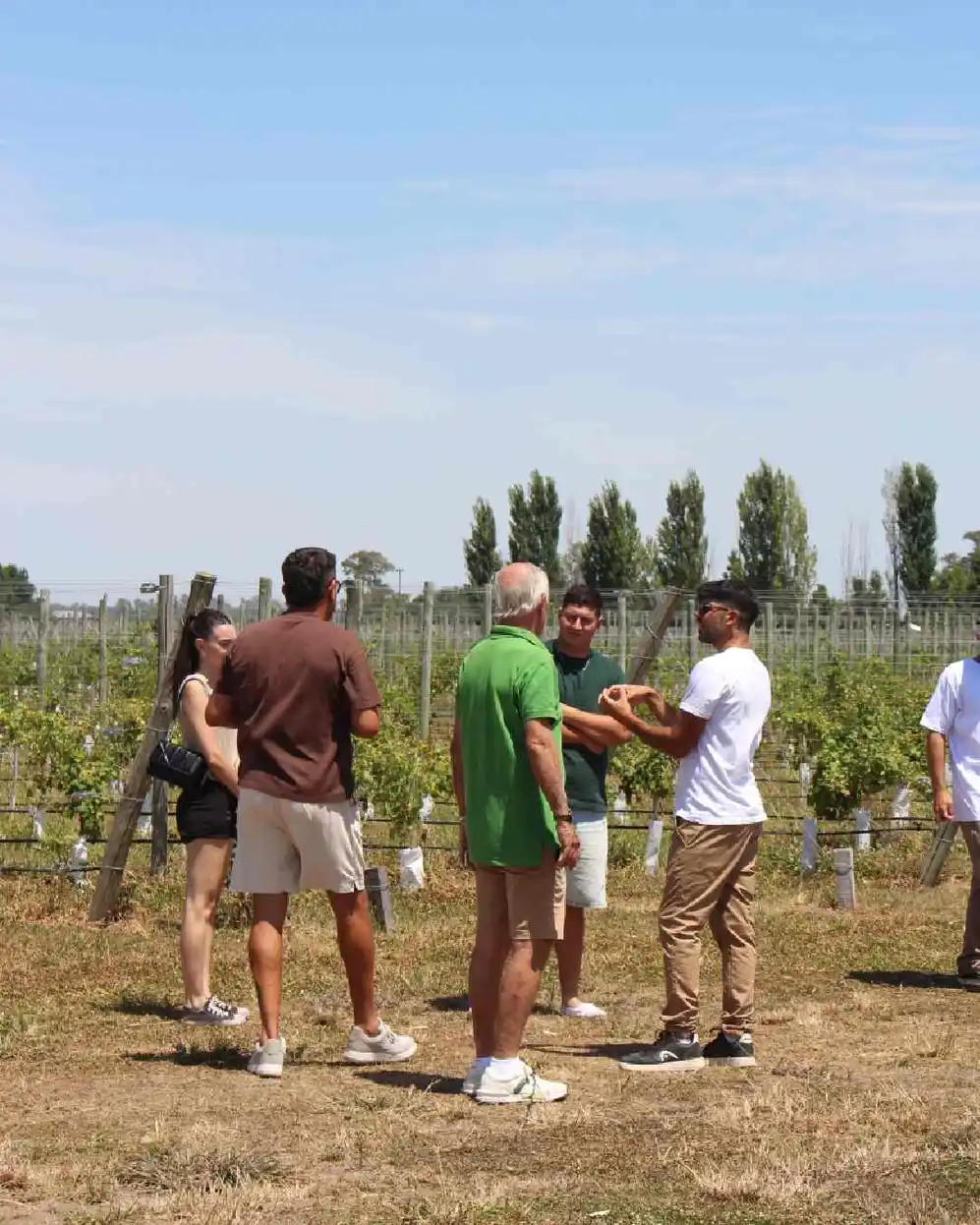 Grupo de personas de direntes edades disfrutamdo la visita a un viñedo