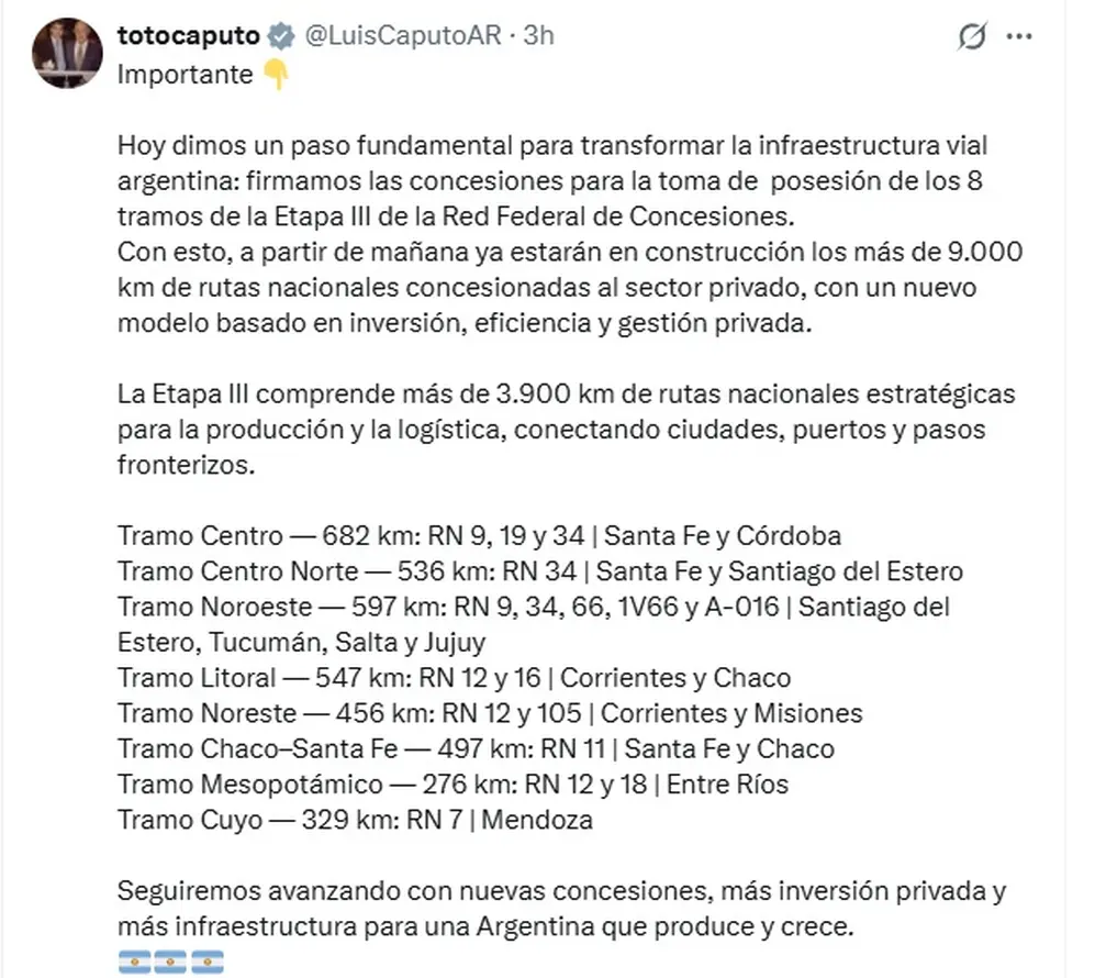 Texto de Luis Caputo sobre la concesión de rutas