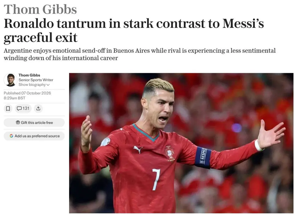 La comparación de The Telegraph sobre la despedida de Messi y CR7 de sus respectivas selecciones