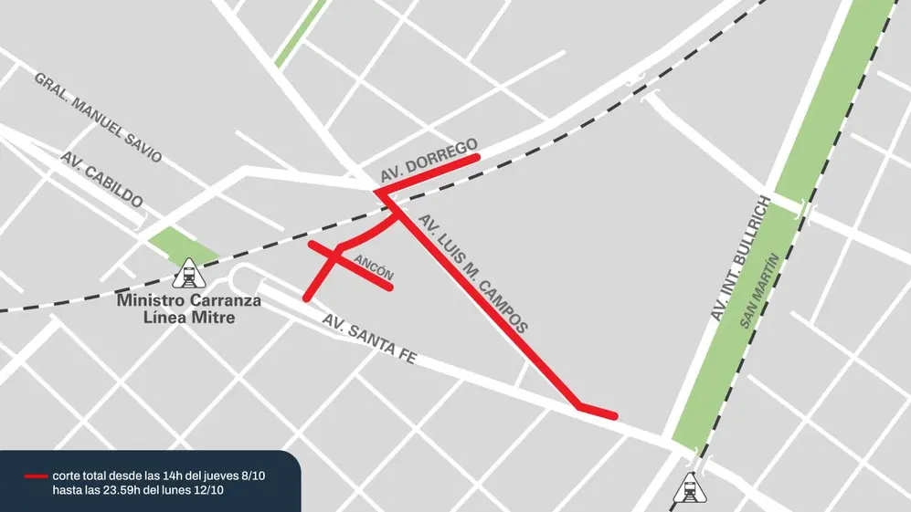 Las calles afectadas por las obras en el puente ferroviario en Dorrego y Luis María Campos