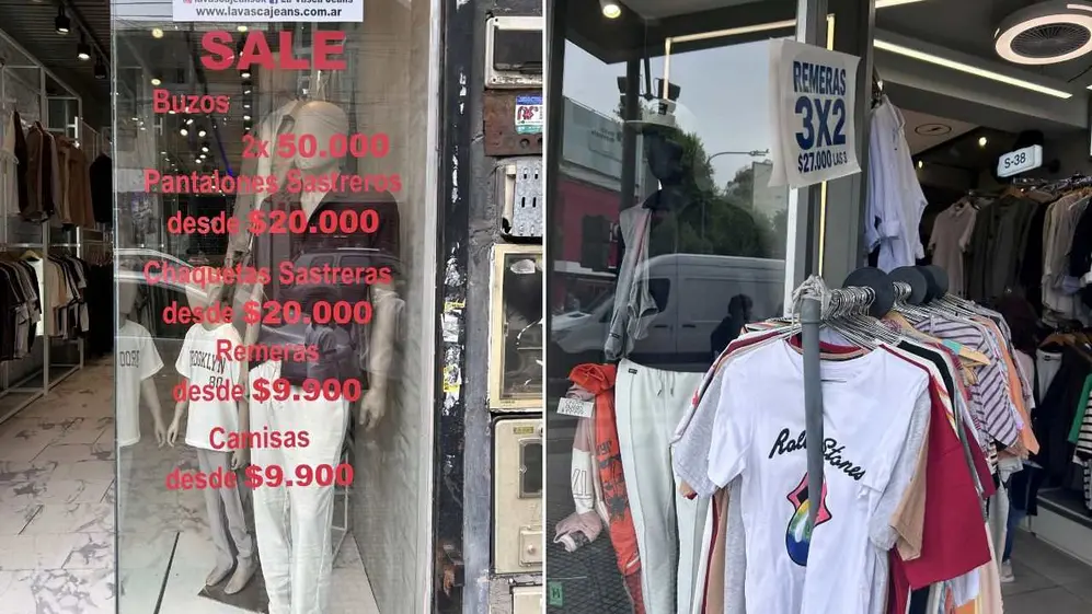 Dos locales de venta de ropa con distintas ofertas y promociones en su vidriera