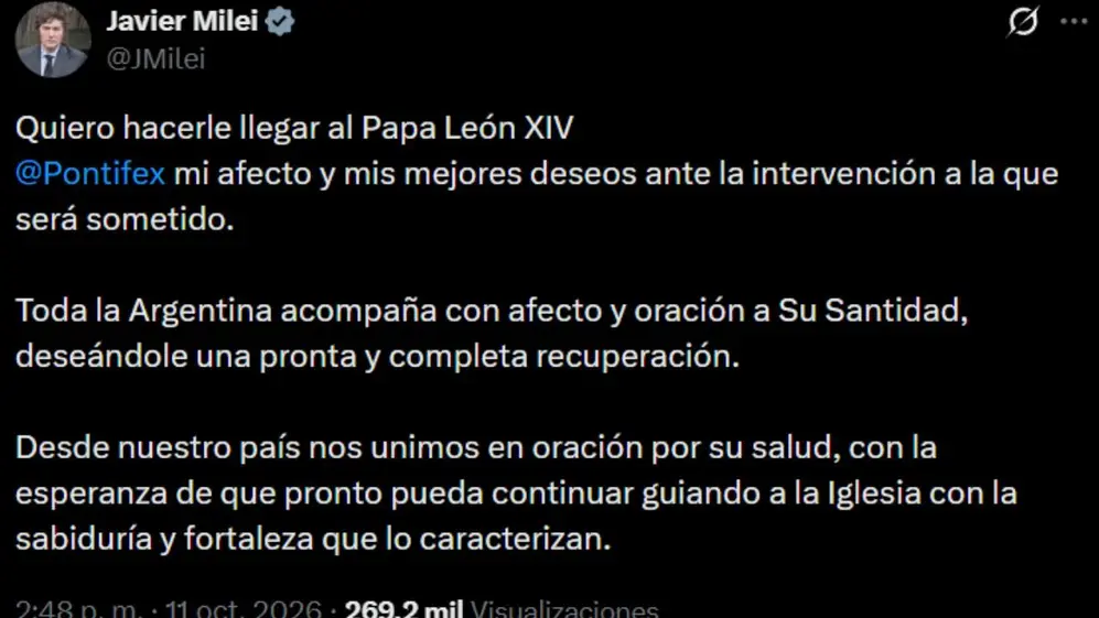 El mensaje de Milei luego de que trascendiera la noticia de la operación del Papa León XIV