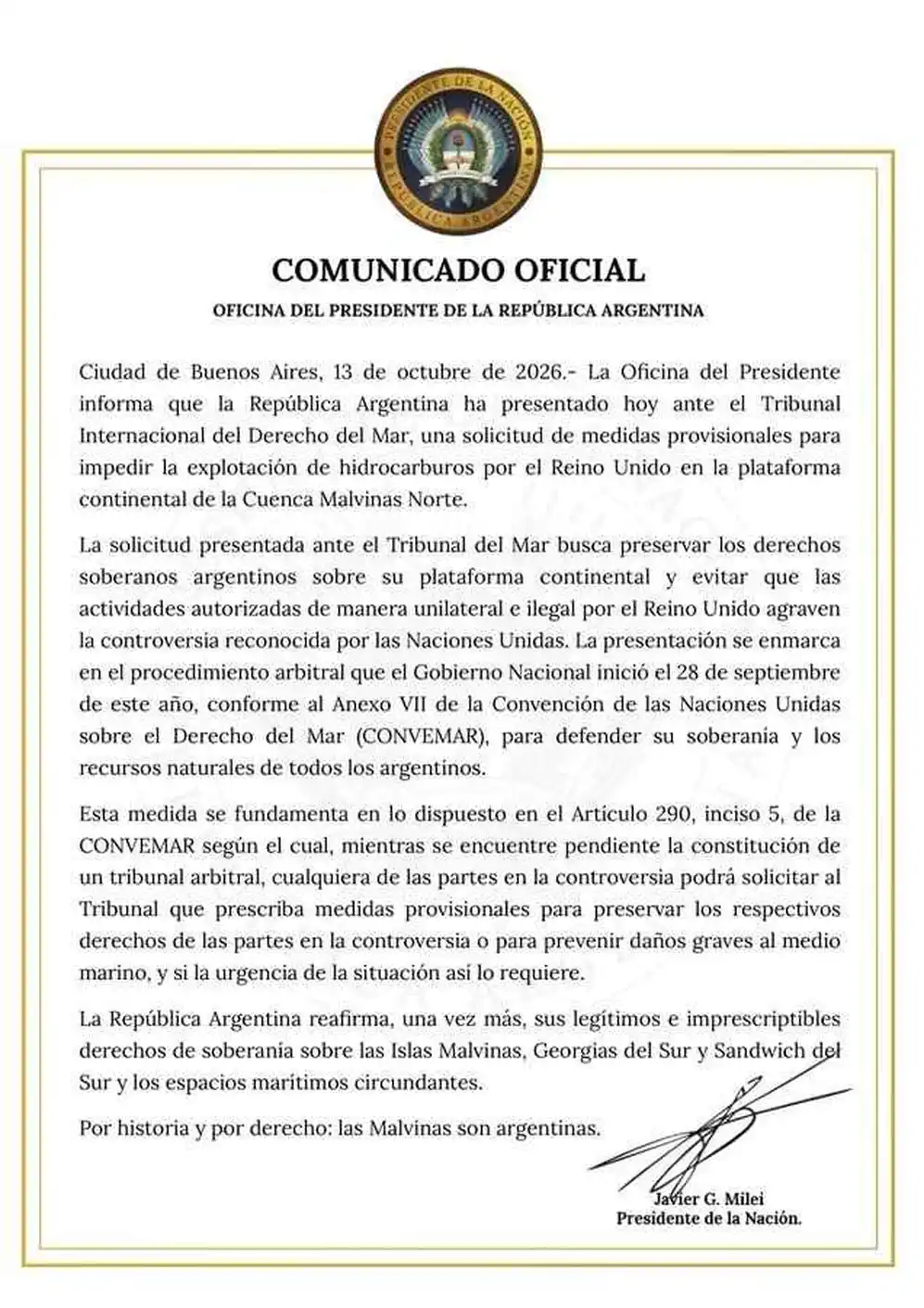 Argentina acudió al Tribunal del Mar tras vencer el plazo para que el Reino Unido frenara el proy