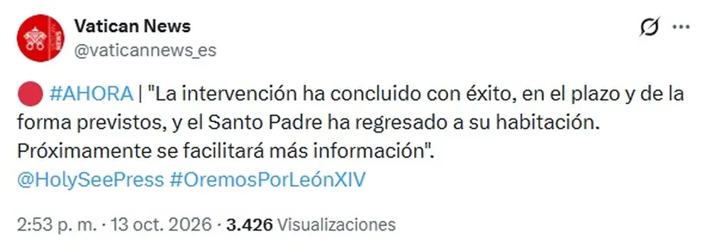 Parte médico de la intervención al papa Leon XIV