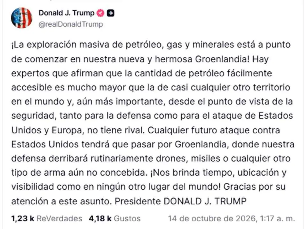 Trump anunció en Truth Social el inicio de una exploración de petróleo, gas y minerales en Gr