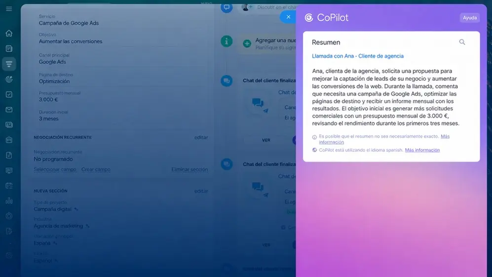 CoPilot de Bitrix24 transcribe llamadas y resume necesidades del cliente en la ficha del CRM
