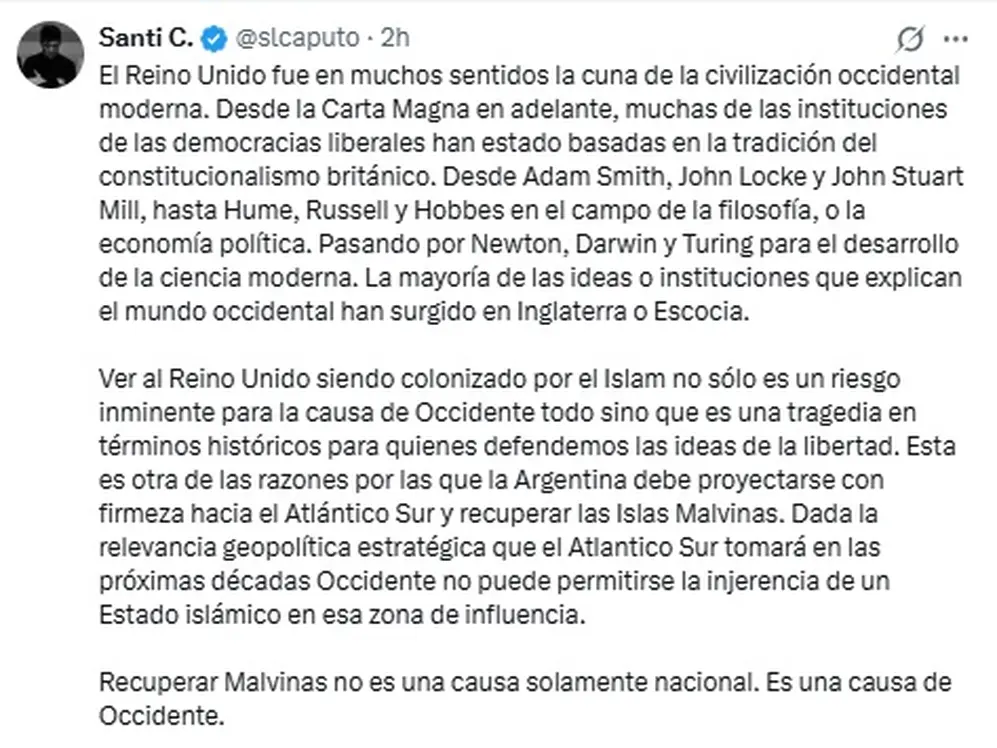En las redes Santiago Caputo dice que Reino Unido está siendo colonizado por el Islam