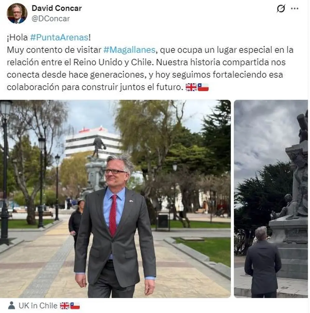 El tuit del embajador británico en Malvinas durante su visita a Punta Arenas