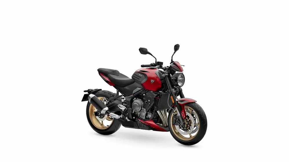 Moto modelo Trident 800 cc de frente en color negro y bordó en un fondo blanco