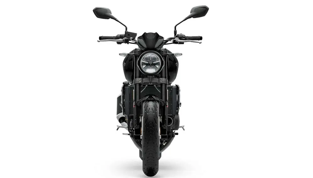 Moto modelo Trident de frente color negra en un fondo blanco