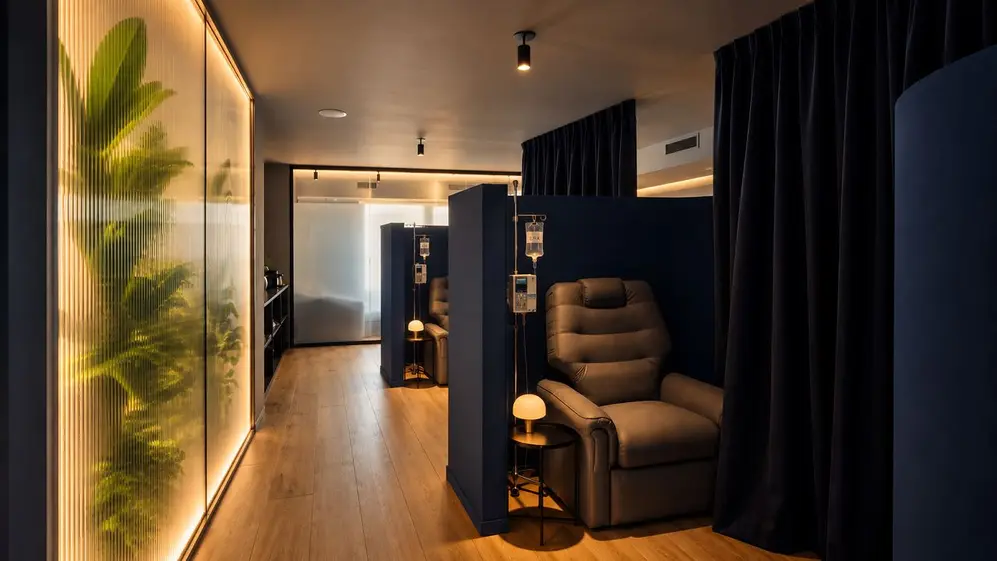 Un sillón para que se siente una persona con suero en un ambiente cálido