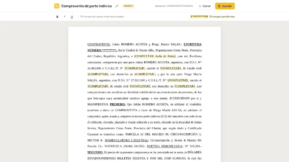 Un contrato de una compraventa procesado por inotary