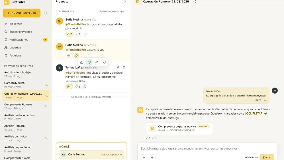 Chat  donde se ven las ditintas operaciones y conversaciones a través de la legaltech Inotary