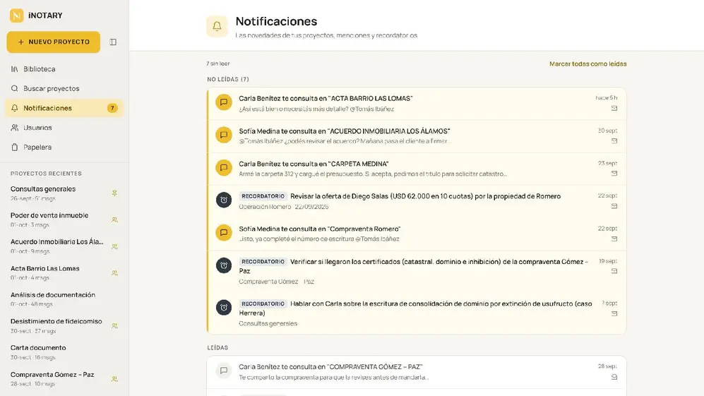 Chat de inotary con distintas notificaciones y consultas