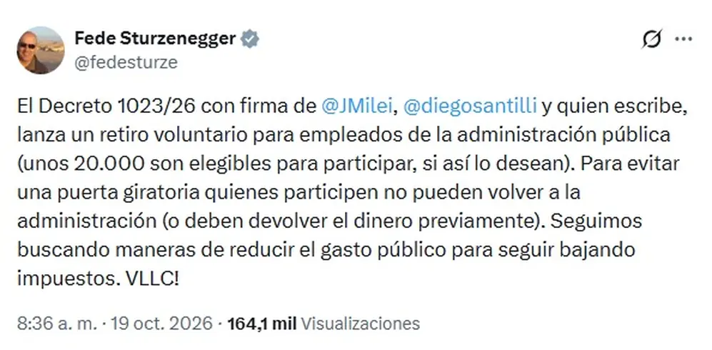Mensaje de Federico Sturzenegger en X sobre el plan de retiros voluntarios
