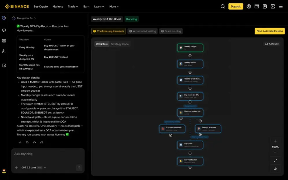 Binance AI Pro en escritorio: los usuarios describen una idea en lenguaje natural y reciben un Strat