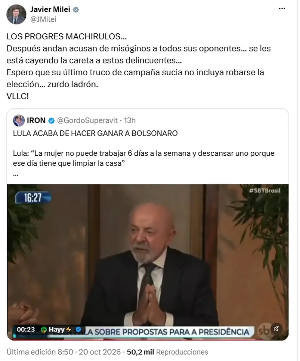 El tuit de Javier Milei contra Lula