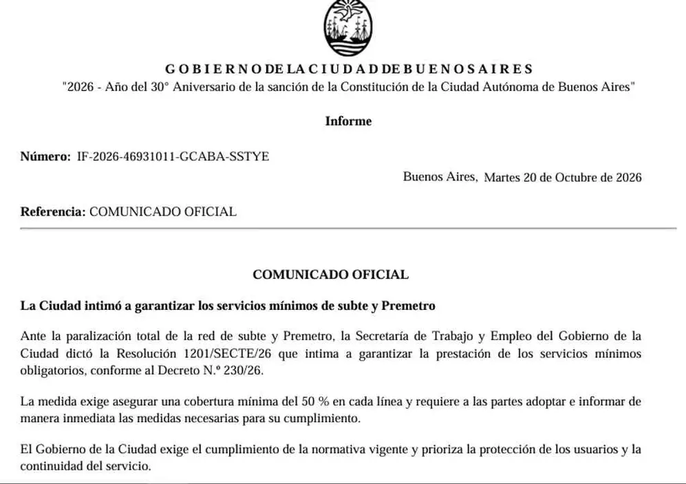 Paro de subtes: la Ciudad intimó a los metrodelegados a garantizar un servicio mínimo del 50%