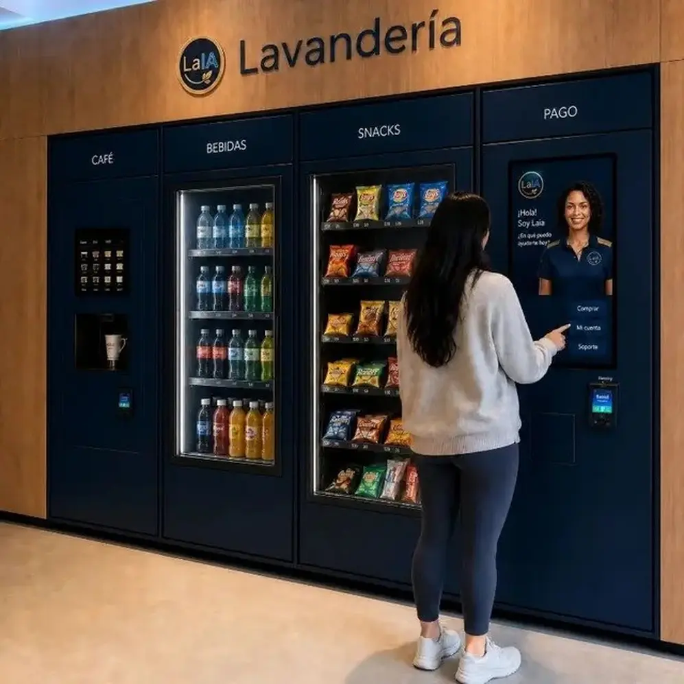 mujer con una máquina expendedora de snacks y bebidas