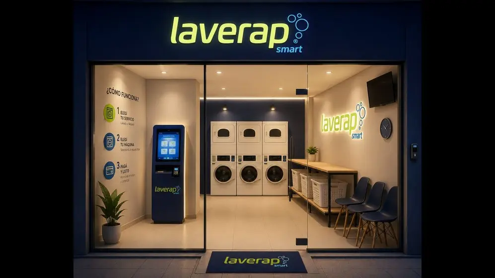 Render de fachada de un local Laverap Smart. Se ve el tótem de pagos y los lavarropa