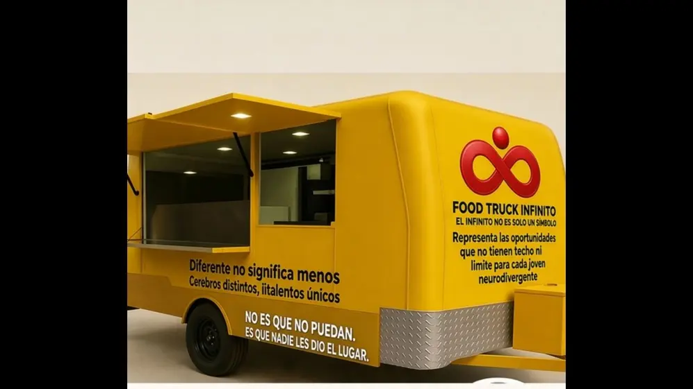 Food truck amarillo Infinito con frases sobre neurodivergencia: 