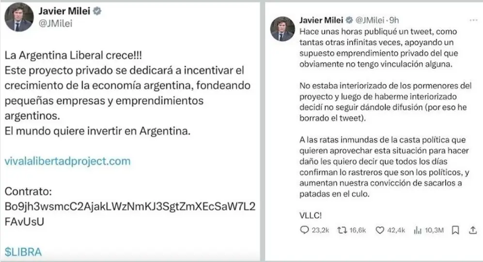 Dos de los tuits de Javier Milei que dieron origen a la causa Libra.