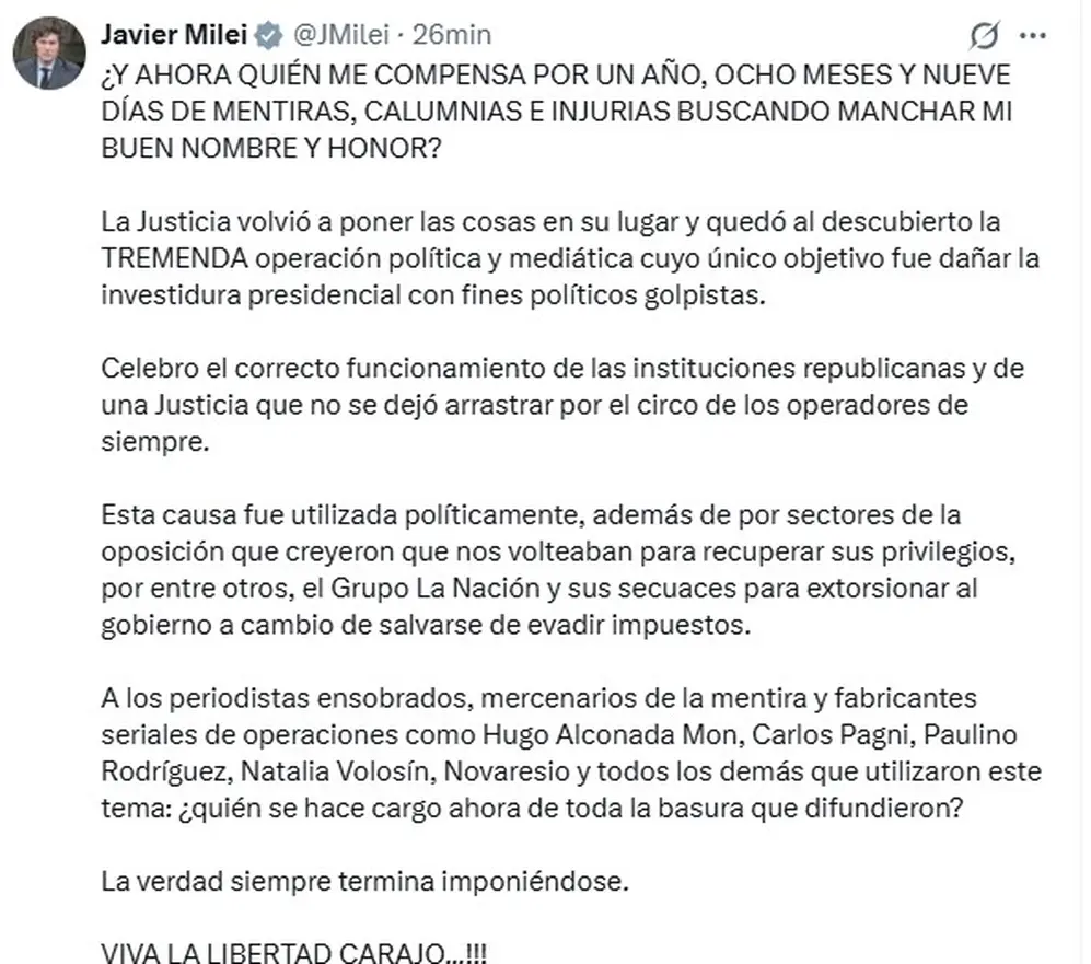 El descargo de Javier Milei tras ser sobreseído en la causa $LIBRA