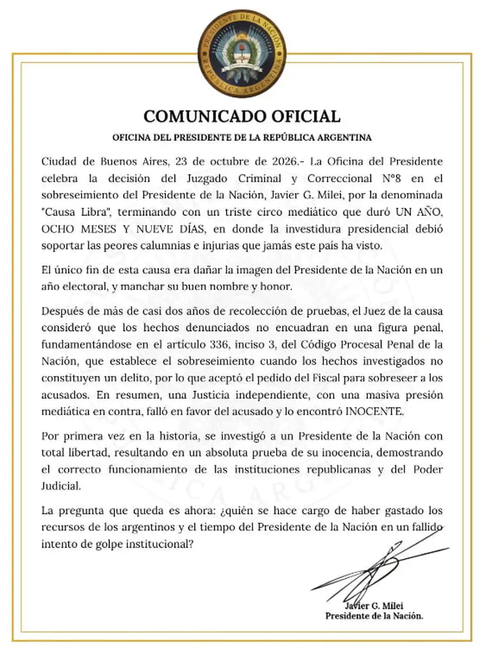 El comunicado de la Oficina del Presidente