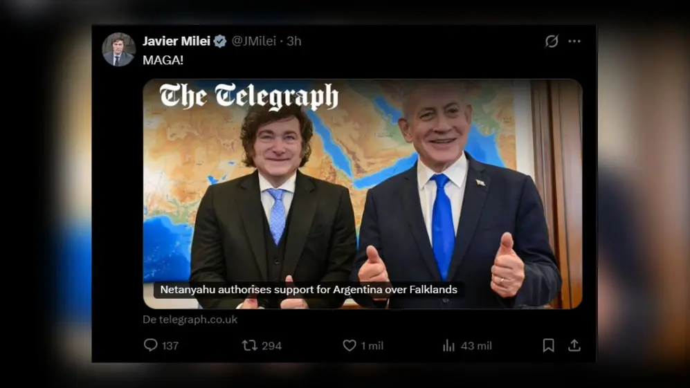 El posteo de Milei ante la noticia del apoyo de Israel a Argentina en la causa Malvinas